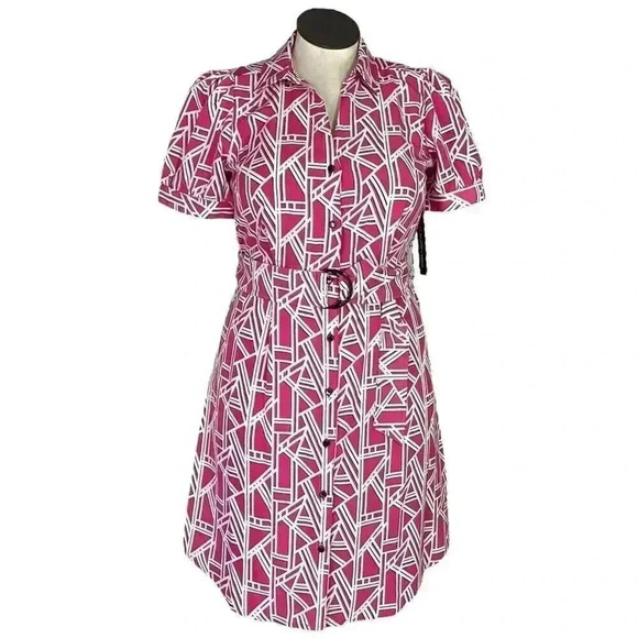 Karl Lagerfeld Logo Print Shirtdress Women 10 Pink Button Front Short Sleeve NEW - Picture 1 of 9